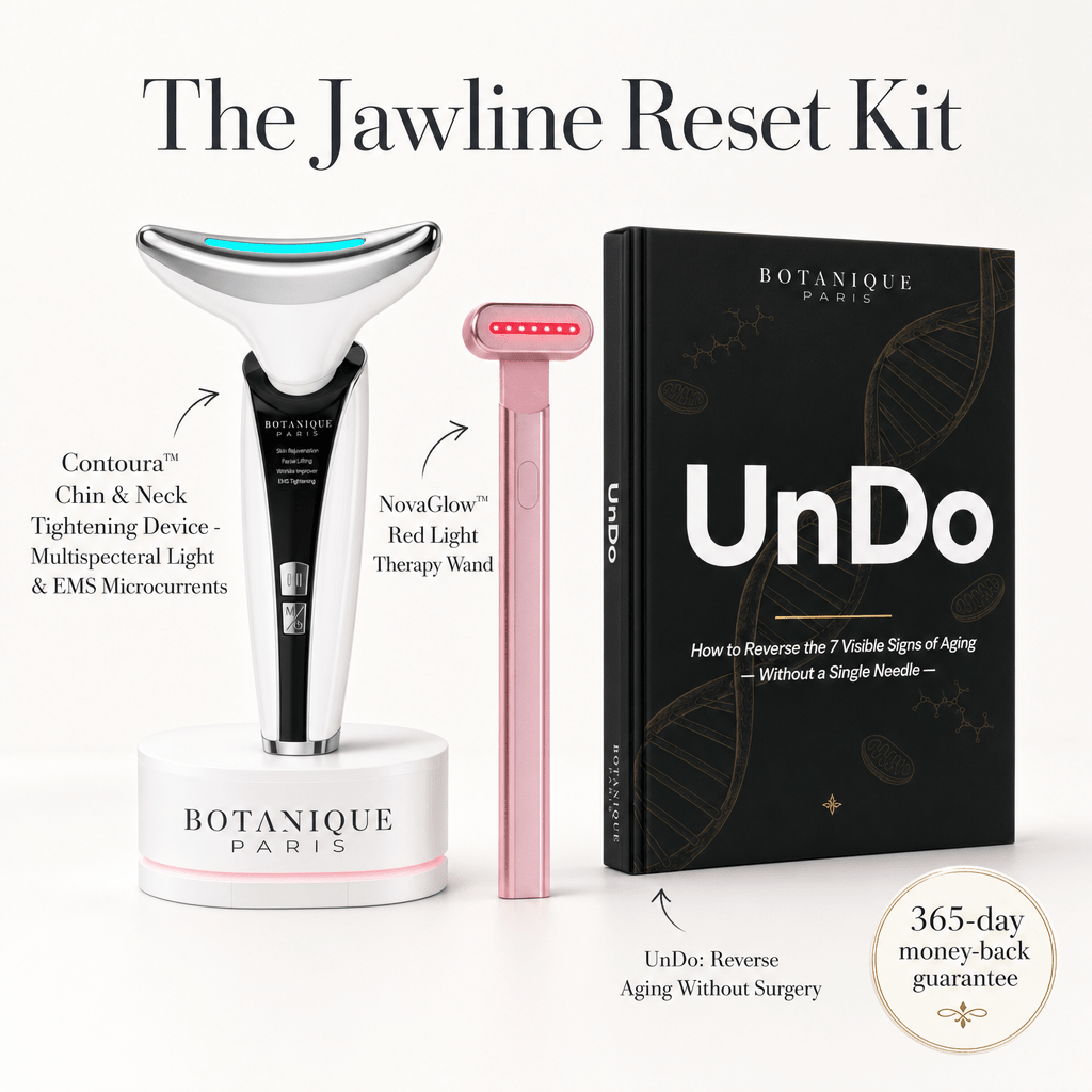 The Jawline Reset Kit (1x Contoura™ Chin & Neck Tightening Device - Multispecteral Light & EMS Microcurrents + 1x NovaGlow™ Red Light Therapy Wand + 1x UnDo: Reverse Aging Without Surgery)